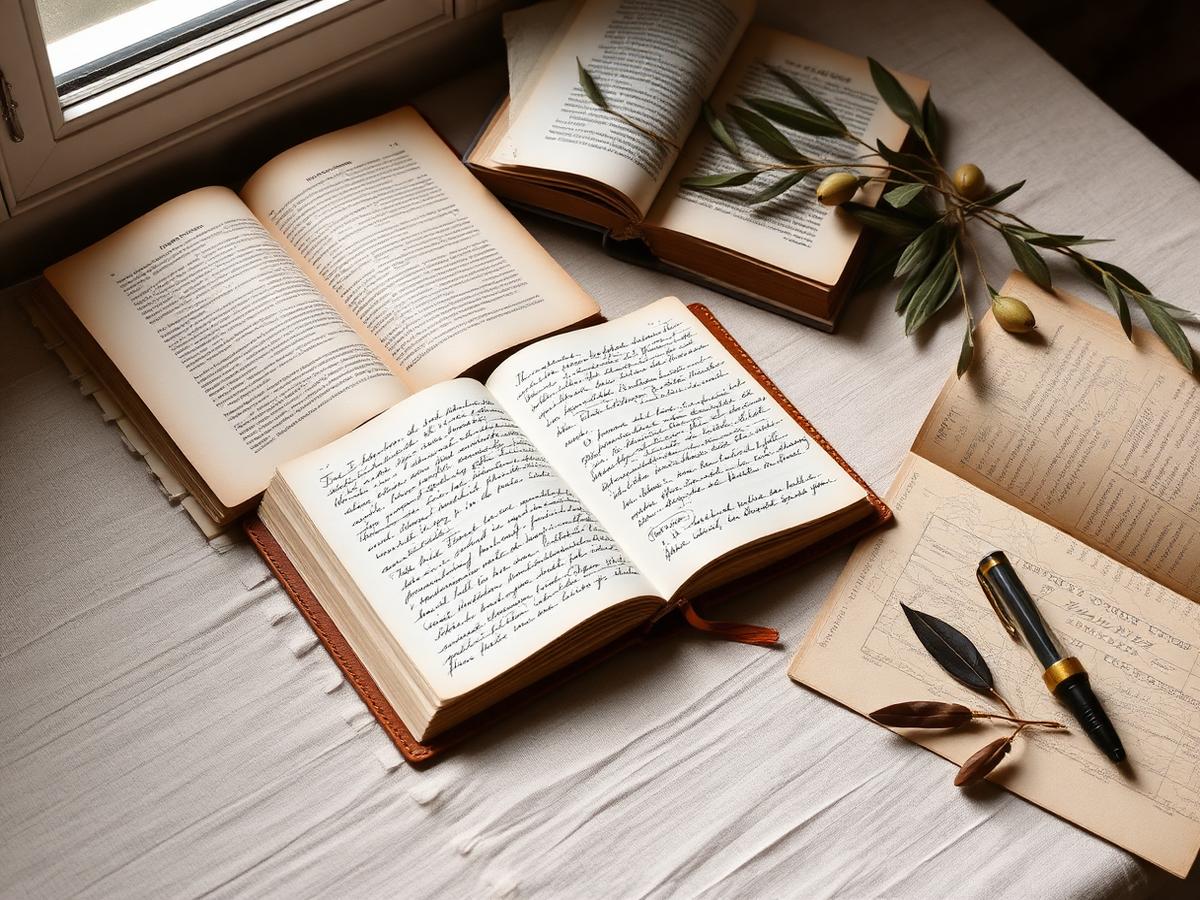 Cuaderno con mapa de Sicilia, brújula, café y libros sobre mesa de madera, luz dorada mediterránea, sin personas